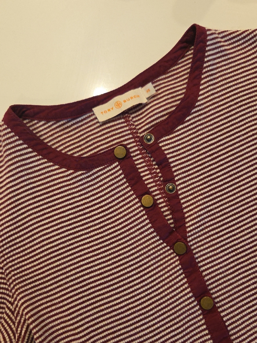 Tory Burch Burgundy and White Striped Snap-Front Henley XS